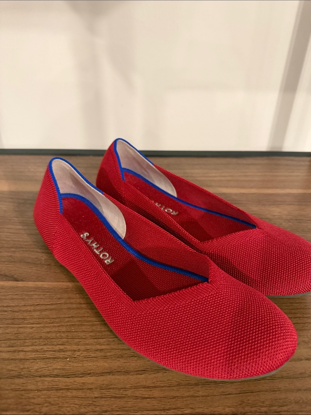 Rothy's Red Knit Ballet Flats with Blue Trim